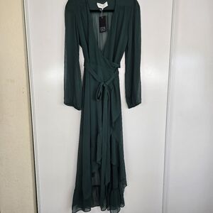 WAYF Only You Ruffle Wrap Dress in Hunter Green Medium NWT Bloomingdales High Lo